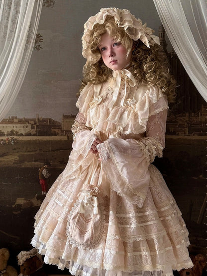 Retro Beige Lolita Lace Gown with Satin Ribbon Accents - Twin Bear Original Design