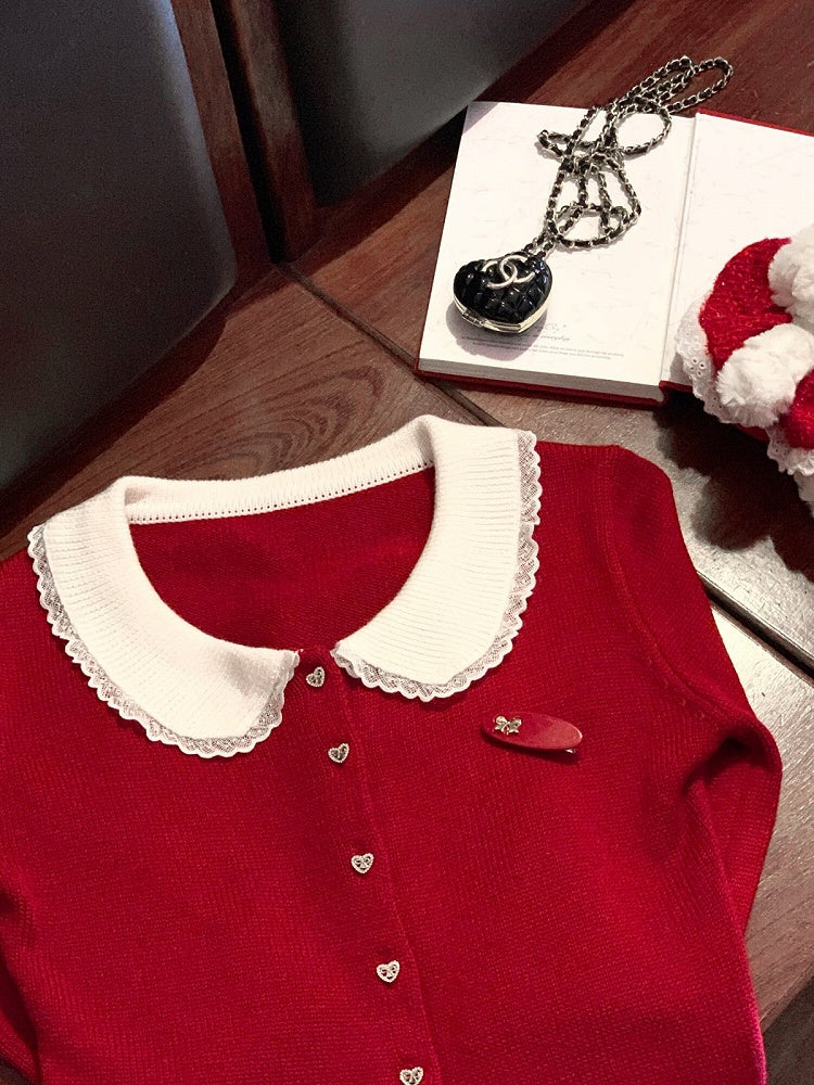 Red Knit Peter Pan Collar Cardigan with Lace - Qchiwawameme