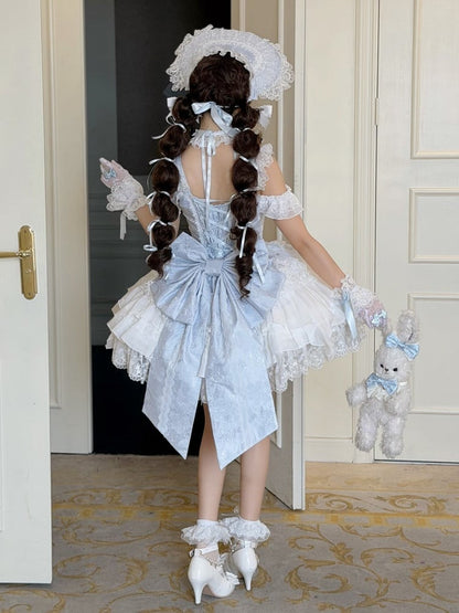 Blue Ballet Style Lace Ruffle Lolita JSK Dress with Bead Chain Bow Details - White Sugar Girl