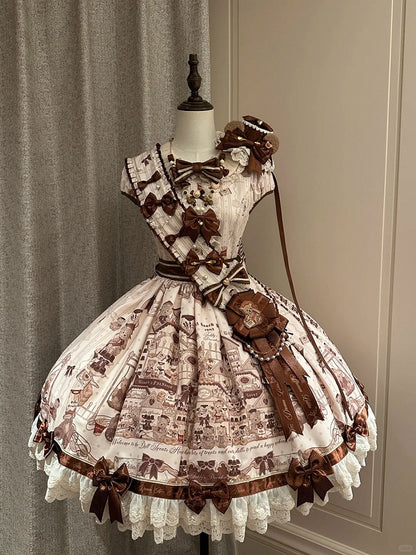 Puff Dress Lolita Print Little Brown Bear with Accents Sleeves Bow Beige Sweet Mini