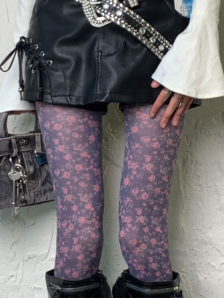 Y2K Purple Floral Print Tights