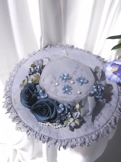 Flowers Elegant Beads with and Flat Black/Gray/Brown Lolita Hat