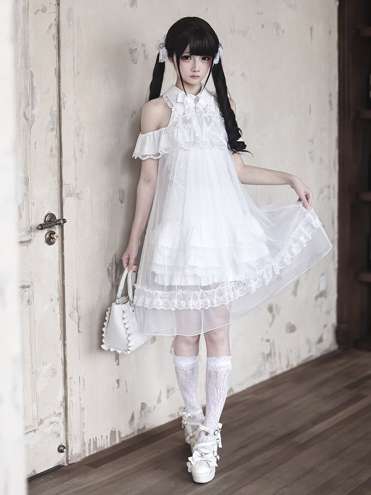 White Landmine Style Cutout Shoulder Dress with Sheer Overlay, Lace and Bow Tie - Ekomi