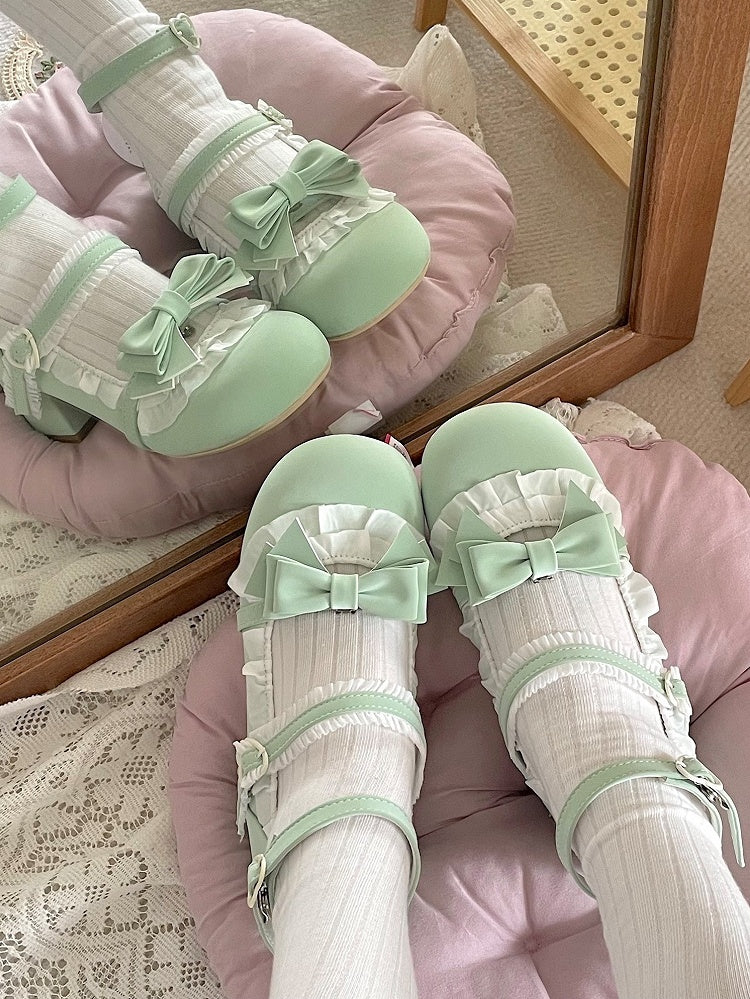 Green Sweet Lolita Mid-heel Mary Janes with Detachable Bow & Ruffles Trim