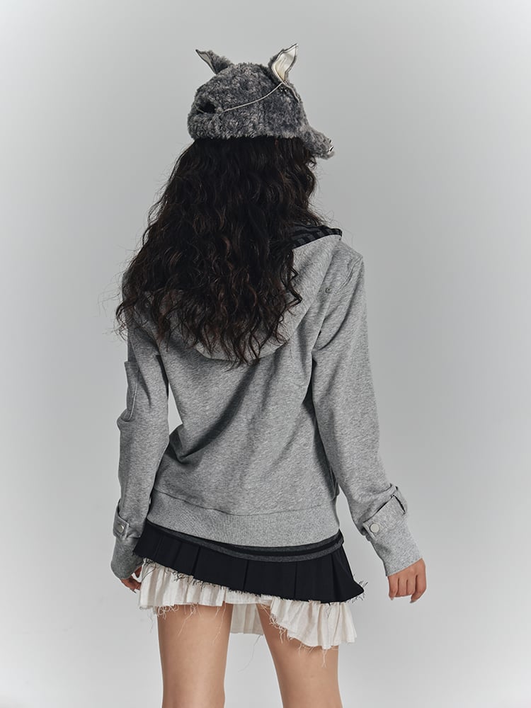 Hooded Wing Embroidery Hoodie Two-in-One Striped Inner Gray with Crop Punk Jacket