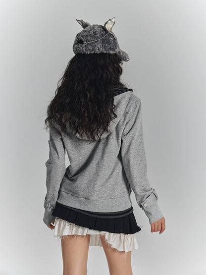 Hooded Wing Embroidery Hoodie Two-in-One Striped Inner Gray with Crop Punk Jacket