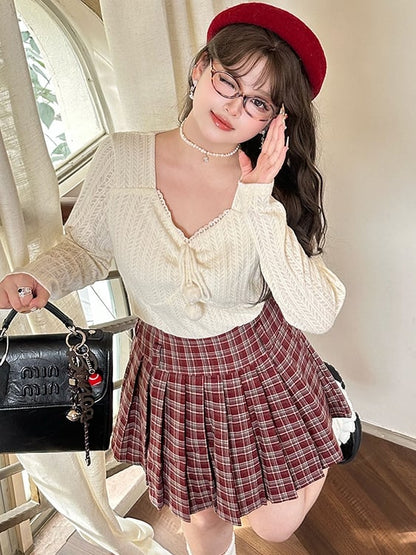 Plus Size White Pompom Accents V-neck Long Sleeves Lace Top