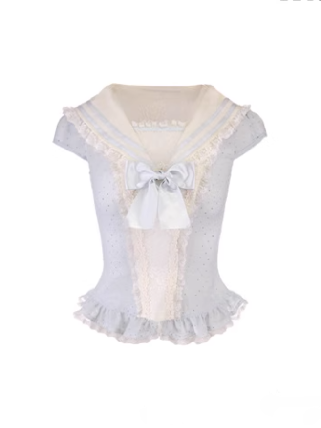 Collar Cap Top With Sailor Sleeves Chiffon Blue