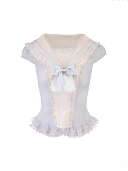 Collar Cap Top With Sailor Sleeves Chiffon Blue