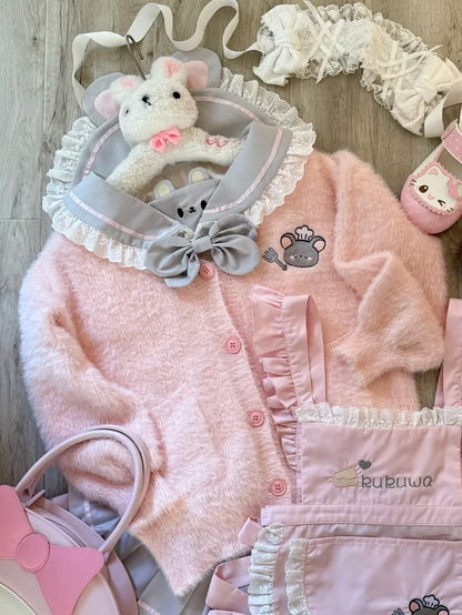 Cardigan Detail - Ribbed Plush Front Mouse Pink Trim Chef Embroidery with Button