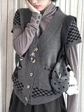 with Cardigan Cat Daily Checked Kawaii Dark Sleeve Pattern Motif Short Gray