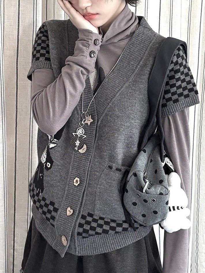 with Cardigan Cat Daily Checked Kawaii Dark Sleeve Pattern Motif Short Gray