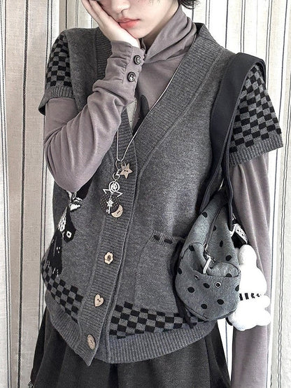 with Cardigan Cat Daily Checked Kawaii Dark Sleeve Pattern Motif Short Gray