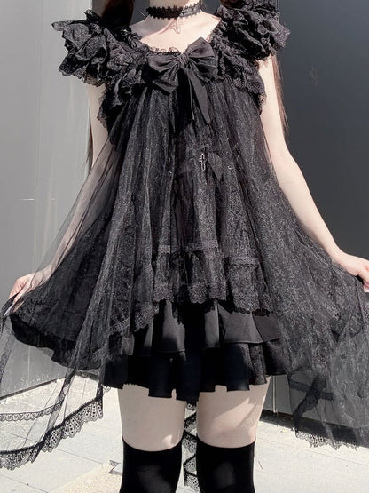 Onyx Landmine Trio: Camisole Dress, Asymmetric Tulle Overlay, Choker - Pink Rabbit
