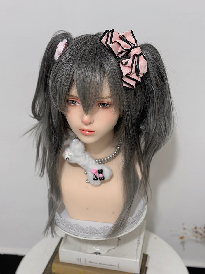 Clip-Perücke, grau, doppelter Pferdeschwanz + 30 cm Krallenpony, 38 cm glatte Länge mit Ombré-Haarfarbe