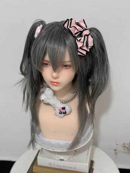 Clip-Perücke, grau, doppelter Pferdeschwanz + 30 cm Krallenpony, 38 cm glatte Länge mit Ombré-Haarfarbe