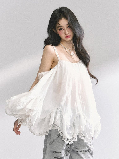 ホワイトハンカチヘムレーストリムシフォンキャミソールトップス