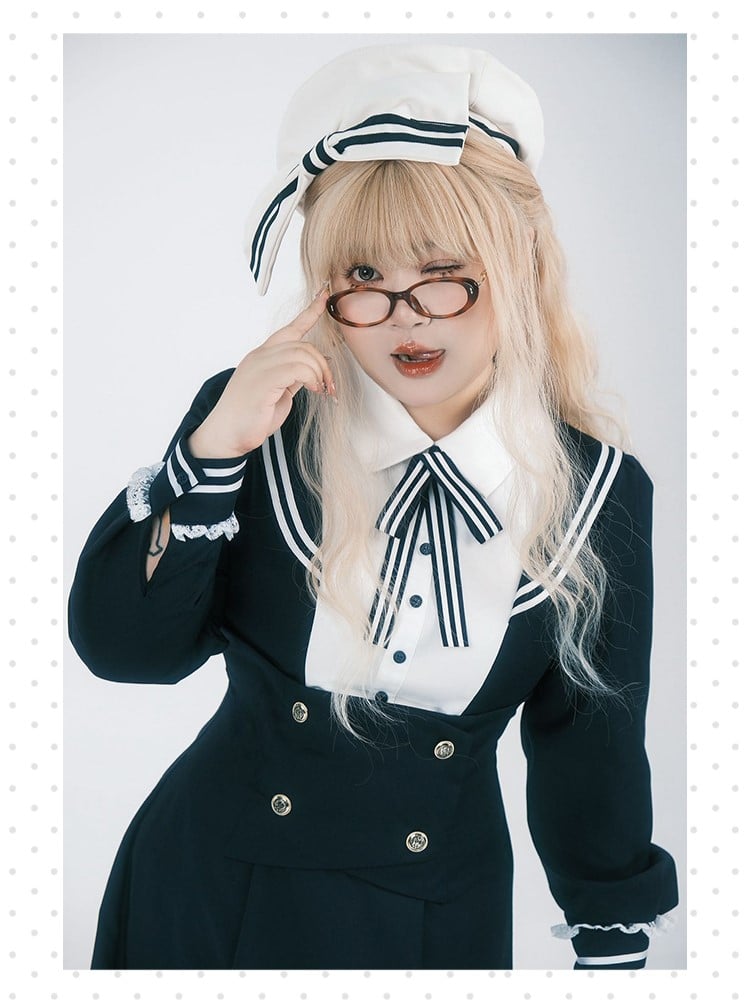 Midi JK Dress Size Striped Uniform Accents Preppy Black with Faux Plus Collar Two-Piece Sailor
