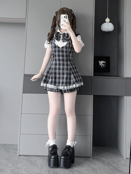 Jabot Black & White Jirai-Kei Plaid Short Sleeve Gown with Lace Bow Accents + Matching Shorts Set - Puzzles