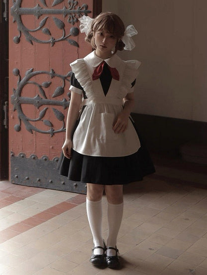 Black Collar Sleeves with Dress Lolita Red Short White Bow Pleated Tie and Maid
