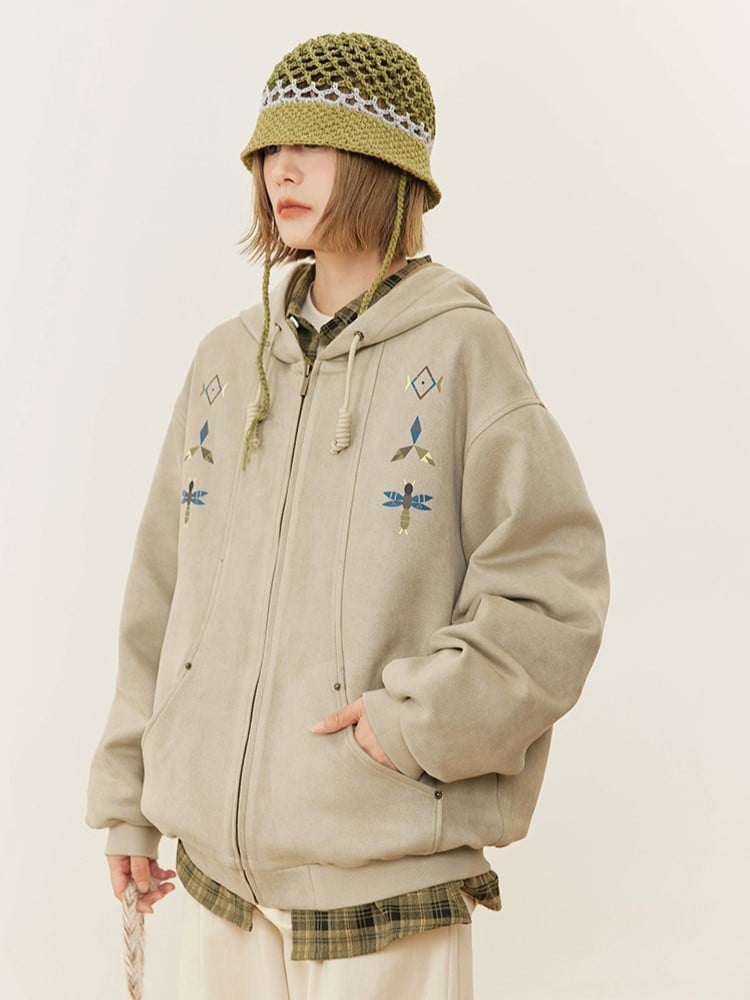 Beige Trim Hoodie Drawstring Print with Hood Ribbed Vintage