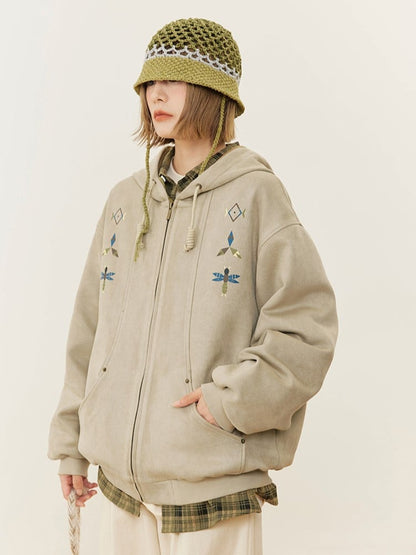 Beige Trim Hoodie Drawstring Print with Hood Ribbed Vintage