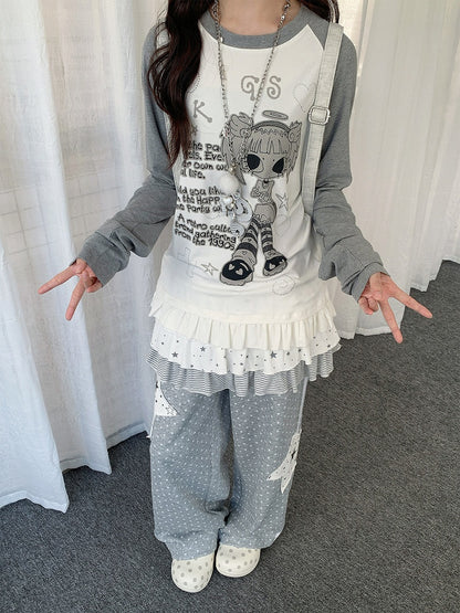 White Raglan Sleeve Cartoon with Top Hem Print Girl Flounce