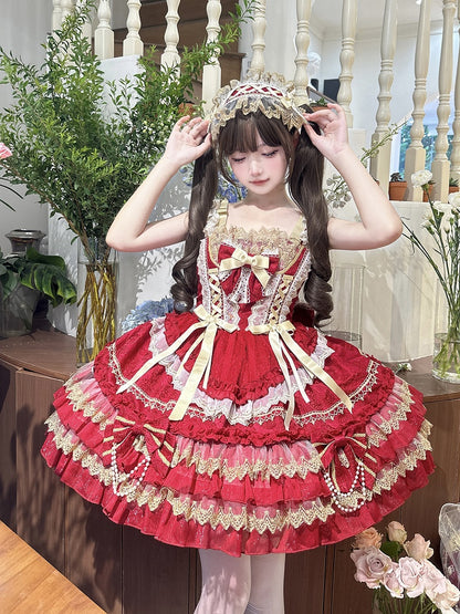 Kleid Rot Prinzessin Tiered Verziert Perlen Rock Schleifen Lolita Kette
