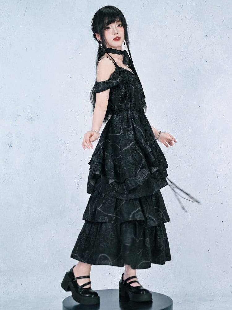 Gothic Black Asymmetrical Three-Tier Skirt with Sea Lily - Quirky Hut