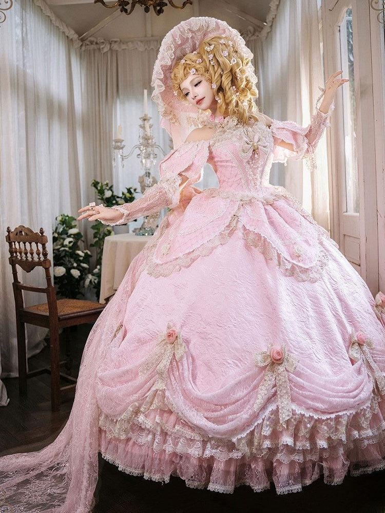 Pink Off-Shoulder Lolita Lace Gown with Ruffles and Bows - Hinana Queena
