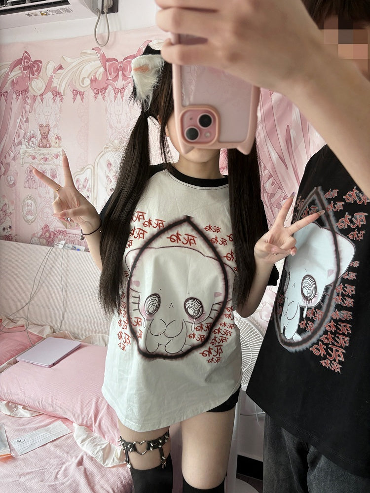 Cat Crewneck Print Black T-shirt with Cotton Dizzying