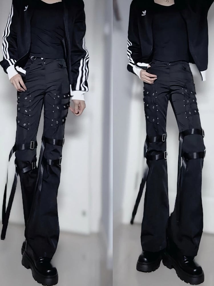 Black Batik Distressed Flared Jeans with Strap Accents - Nova nexus