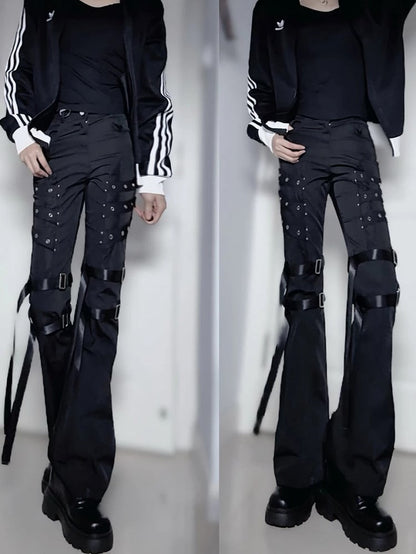 Black Batik Distressed Flared Jeans with Strap Accents - Nova nexus