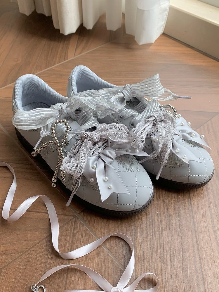 Ties Gray Beaded at Lace Sneakers Front Top Lace-up Decorated Bow