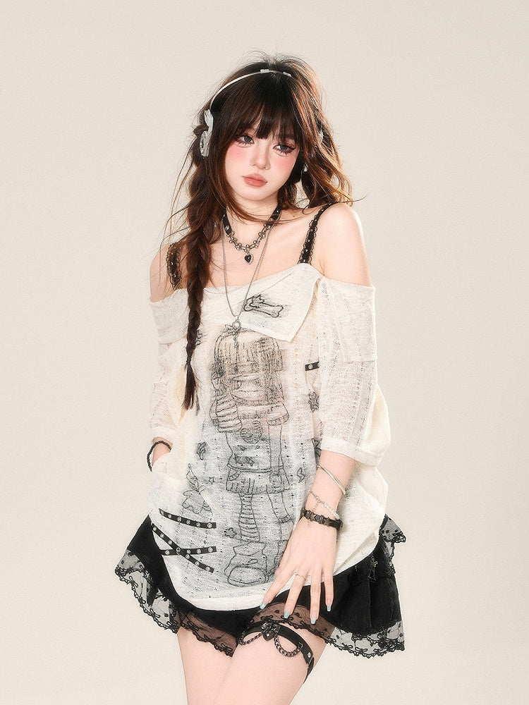 Ausschnitt Anime Girl Print Halbtransparentes Spitzen-T-Shirt Weiß Off-the-Shoulder