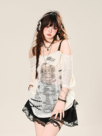 Ausschnitt Anime Girl Print Halbtransparentes Spitzen-T-Shirt Weiß Off-the-Shoulder