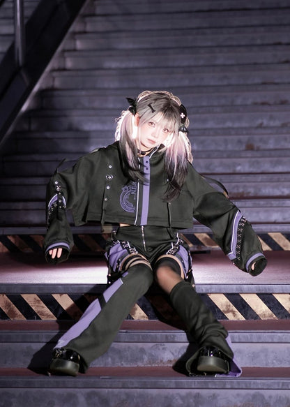 Panel Black with - Futuristic Techwear Detachable Kei Cat-Ear Purple Jirai Jacket Hood Streetwear