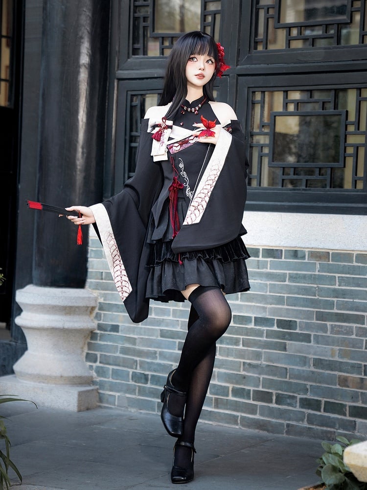 Chinese Style Black Red Wide Sleeve Asymmetrical Top Skirt Necklace Outfit - Unknown Star