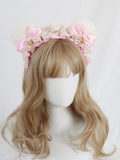 White KC Sweet Available Ear Bowknot 9 Lace Lolita Lovely - Colors Bear