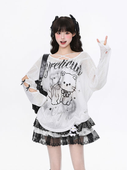 Black/White Semi-Sheer Knit Top with Cutout Sleeves and Cute Cat Print