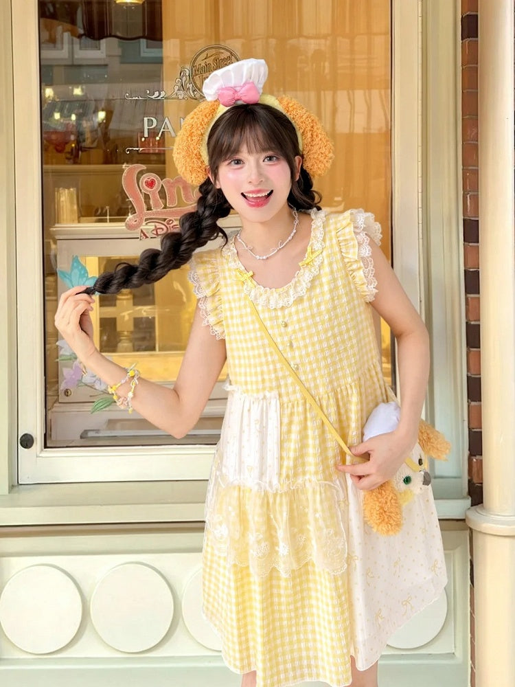 Plaid Dress Tiered Yellow Patchwork Design Flutter Sleeves Sweet