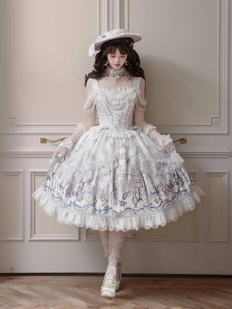 White & Blue Antique Print Elegant Lolita JSK Dress - Meng Fu Zi