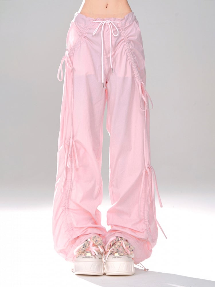 Pink Low Waist Wide-Leg Pants with Asymmetrical Drawstring Bows - Daily Kawaii Style