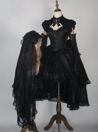 Kuro Gothic Lolita Full Set with Boned Corset Top, Skirt, Collar, Bell Sleeves and Accessories in All Black - Somnium Isle