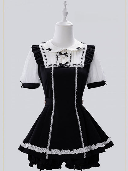Jirai-kei Maid 4-Piece Set: Dress, Wrist Cuffs, Bloomers, Apron - Fluffy Heart