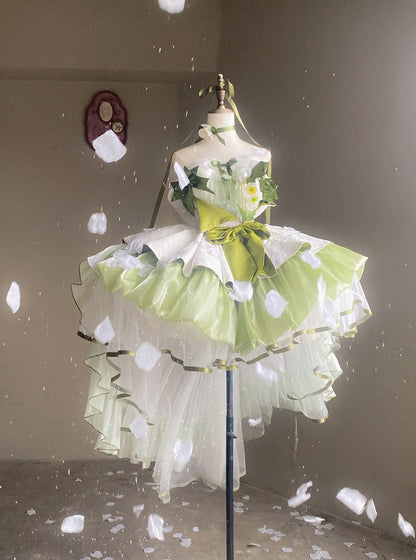 Green Balletcore Puffy Dress with Bow Accents - POSHEPOSE