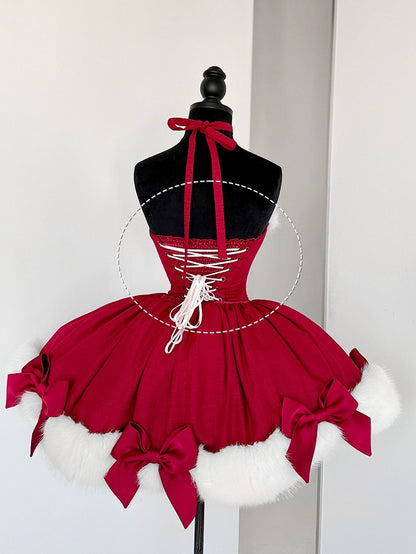 Red Christmas Bows Decorated Plush Neckline and Hemline Boning Dress + Cape Full Set