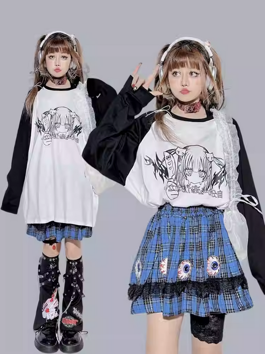 Schwarz-weißes Rundhals-Cartoon-Top