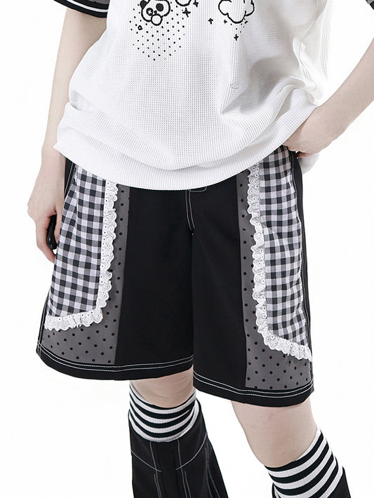 Black Plaid Patchwork Lace Trim Wide-leg Shorts White and