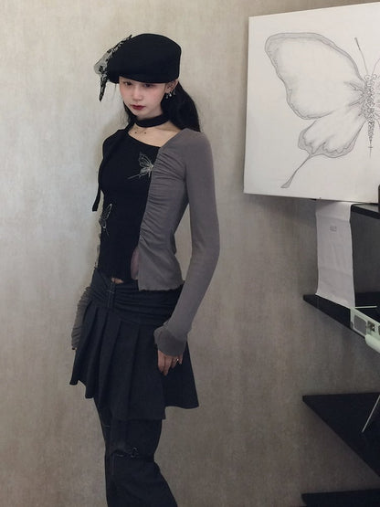 with Pleated Regular/Long Version Jeans Gray Skirt and Cross Flared Motif Dark